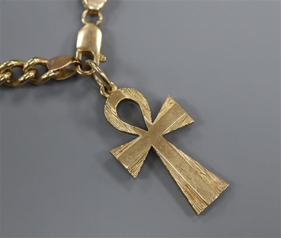 A 9ct gold curblink necklace with ankh pendant
